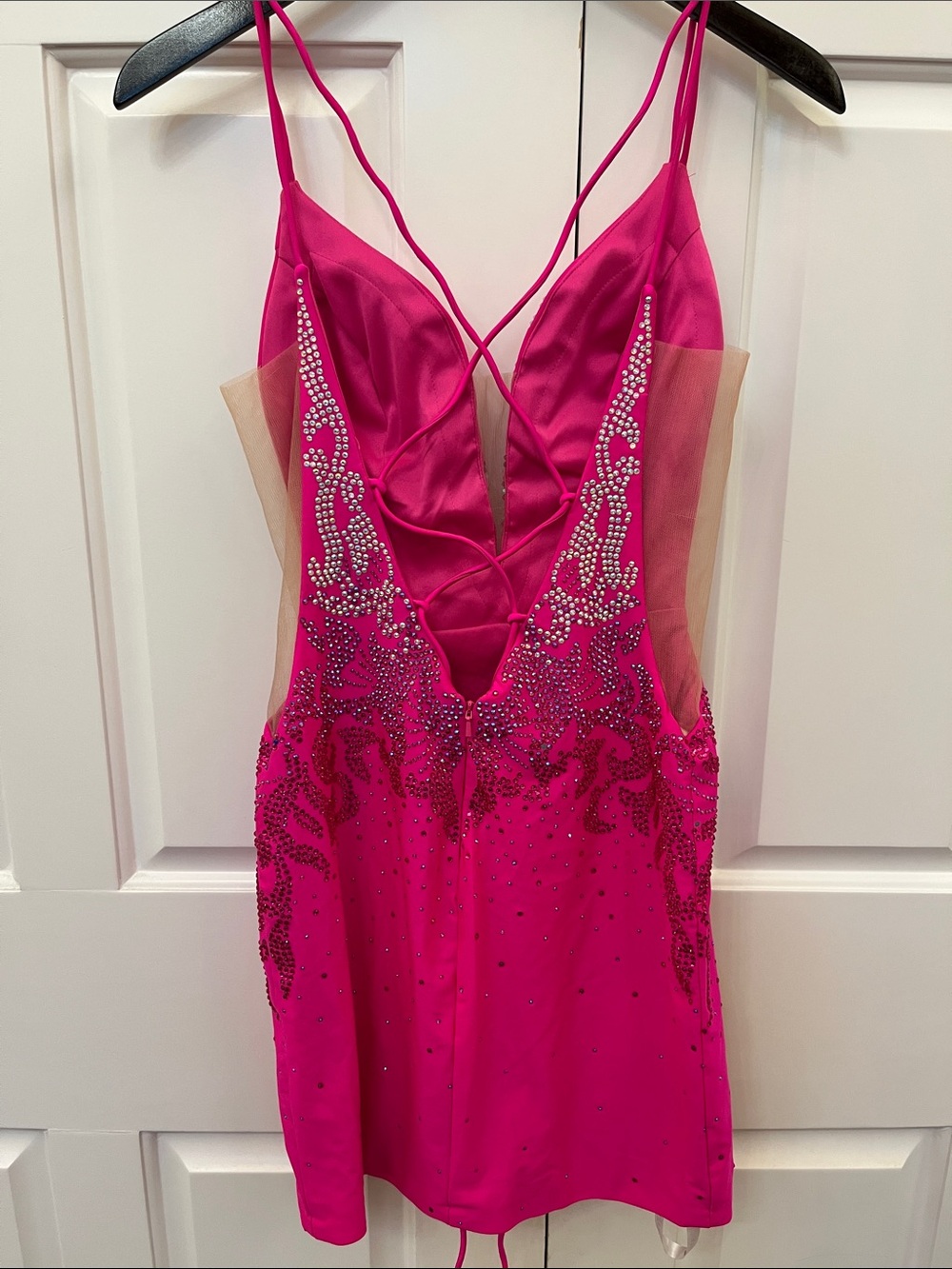 Beaded Hot Pink Mini Dress with Spaghetti Straps - Gipper Prom - Picture 3 of 4